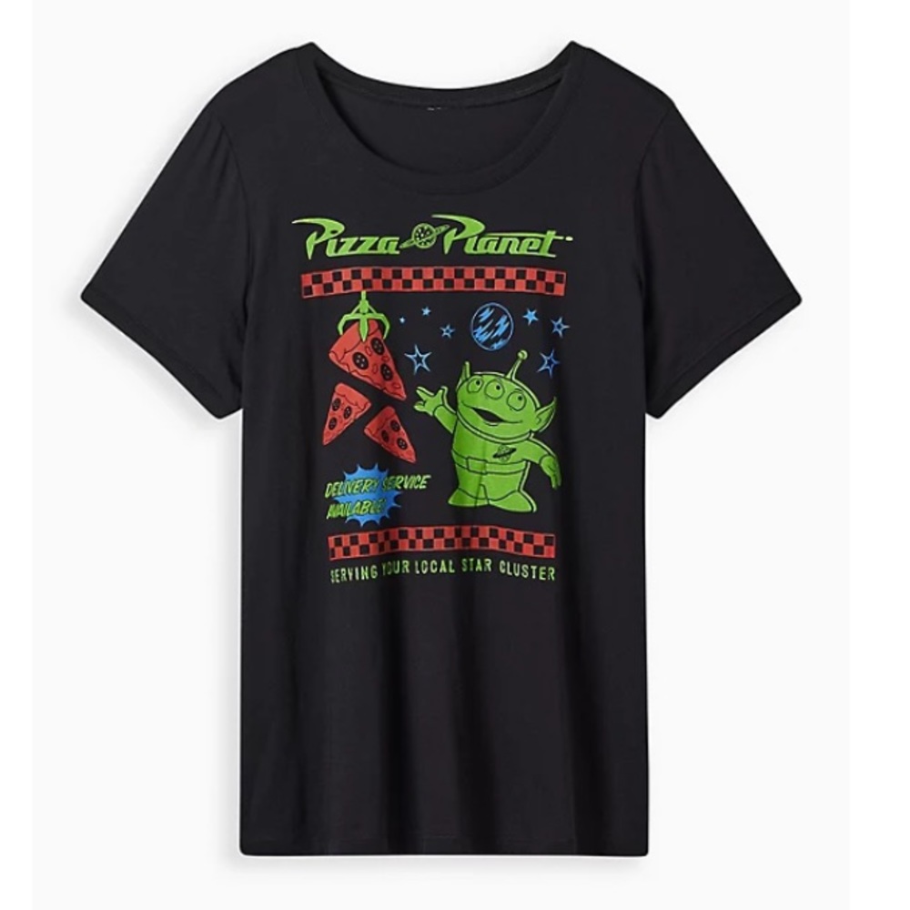 TORRID NWT DISNEY TOY STORY PIZZA PLANET RINGER TOP - BLACK - Picture 5 of 6